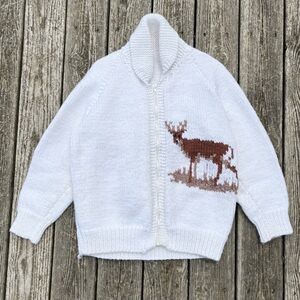 Vintage 60s Mary Maxim Deer Chunky Knit Zip Up Cowichan Cardigan Sweater Jacket